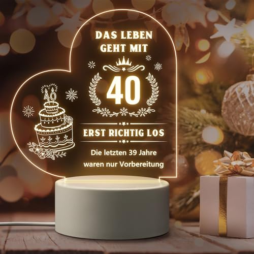 Giftasy Geschenk zum 40. Geburtstag Frauen - LED Acryl Nachtlicht Lampe, Geburtstagsgeschenk für Frauen 40 Jahre, Sinnvolle Geschenke zum 40 Geburtstag Ehefrau, Beste Freundin von Giftasy