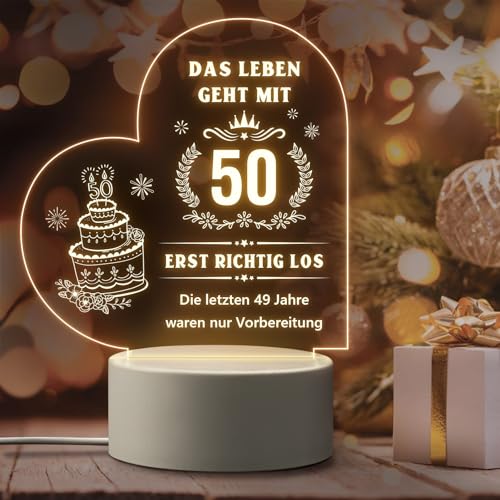 Giftasy Geschenk zum 50 Geburtstag Frau - LED Acryl Nachtlicht Lampe, Geburtstagsgeschenk für Frauen 50 Jahre, Sinnvolle Geschenke zum 50 Geburtstag Ehefrau, Mama, Beste Freundin von Giftasy