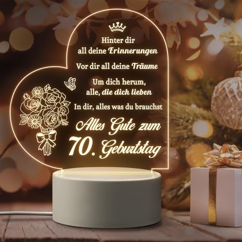 Giftasy Geschenk zum 70. Geburtstag Frau - LED Acryl Nachtlicht Lampe, Geburtstagsgeschenk für Frauen 70 Jahre, Sinnvolle Geschenke zum 70 Geburtstag Ehefrau, Oma, Mama, Beste Freundin von Giftasy