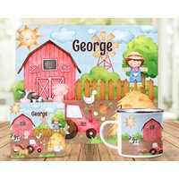 Kinder Personalisierte Glänzende Tischset Emaillebecher Und Untersetzer Bauernhof Tier Gedruckt Geburtstagsgeschenkidee von GiftedBoxBoutique