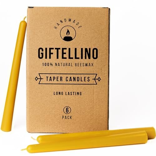 Reines Bienenwachs Stabkerzen Set aus 6 - Brenndauer von 7 Stunden - 100% Reines Bienenwachs und Baumwoll Docht - Lange Duftfreie Dinnerkerzen - Pure Beeswax Taper Candle Set of 6 von Giftellino