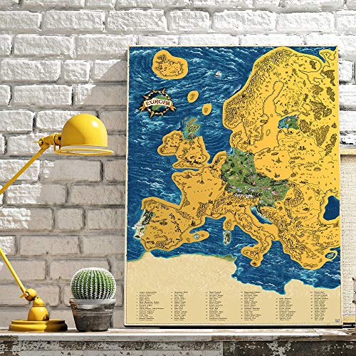 Rubbel Europa Karte Deluxe XL Natur - handgemalt mit Monumenten - 90x66cm - Gold - Deluxe Landkarte Freirubbeln (Gold) von Giftio