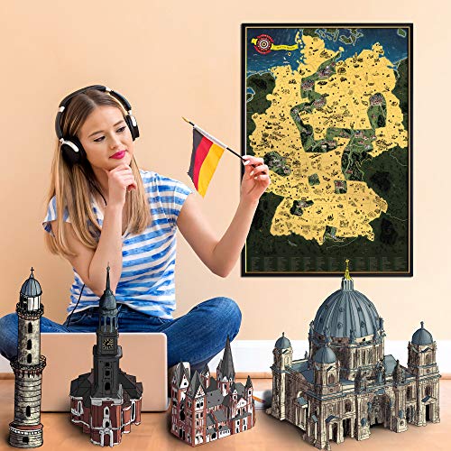 Rubbelkarte Deutschland Deluxe XL - 60x90cm Handgemalt Kratzkarte mit Deutschlands Monumenten (Gold) von Giftio