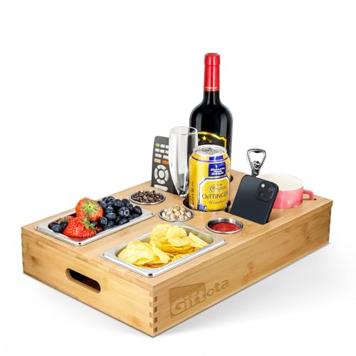 Giftota® 2 in 1 Couchbar Snackbox - FERTIG MONTIERT Sofa Tablett mit 5X Edelstahl-Snackschalen und Abnehmbarer Flaschenhalter - Couch Tablett für Wohnzimmer Picknick Party - Organizer Tablett von Giftota