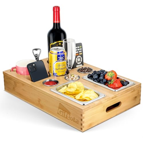 Giftota® 2 in 1 Couchbar Snackbox - Sofa Tablett mit 5X Edelstahl-Snackschalen und Abnehmbarer Flaschenhalter - Couch Tablett für Wohnzimmer Picknick Party - Organizer Tablett - Wohnmobilausstattung von Giftota