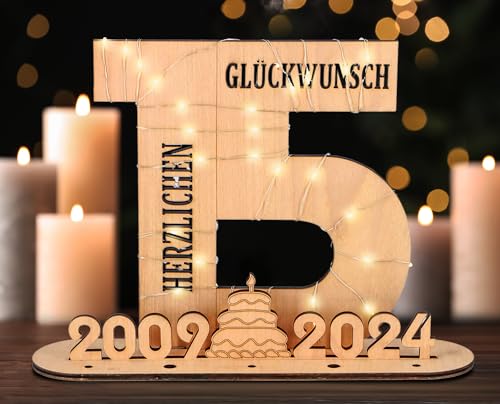 Giftota - 2024 Originelle 15 Geburtstag Geschenk Frauen & Männer - Geldgeschenke Geburtstag 15 mit LED Lichterkette Ständer - Holz-Schild Gästebuch - 15 Geburtstag Deko - Personalisierbares Geschenk von Giftota