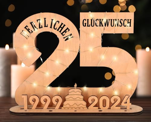 Giftota - 2024 Originelle 25 Geburtstag Geschenk Frauen & Männer - Geldgeschenke Geburtstag 25 mit LED Lichterkette Ständer - Holz-Schild Gästebuch - 25 Geburtstag Deko - Personalisierbares Geschenk von Giftota