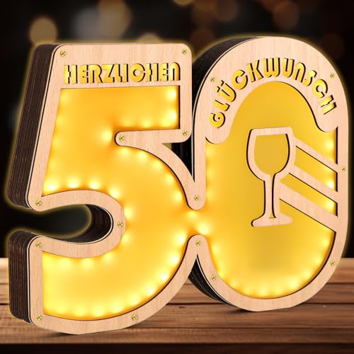 Giftota - Upgrade 2024 Originelle 50 Geburtstag Geschenk mit LED Lichterkette Frauen & Männer - Geldgeschenke Geburtstag 50 - Holz-Schild Gästebuch - 50 Geburtstag Deko - Personalisierbares Geschenk von Giftota