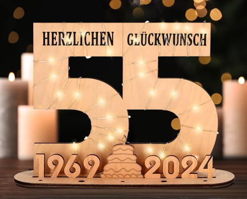 Giftota - 2024 Originelle 55 Geburtstag Geschenk Frauen & Männer - Geldgeschenke Geburtstag 55 mit LED Lichterkette Ständer - Holz-Schild Gästebuch - 55 Geburtstag Deko - Personalisierbares Geschenk von Giftota