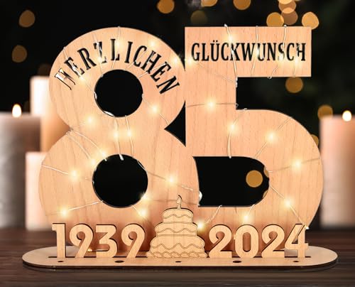 Giftota - 2024 Originelle 85 Geburtstag Geschenk Frauen & Männer - Geldgeschenke Geburtstag 85 mit LED Lichterkette Ständer - Holz-Schild Gästebuch - 85 Geburtstag Deko - Personalisierbares Geschenk von Giftota