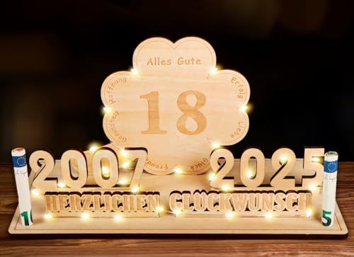 Giftota 2025 Glück Kleeblatt18. Geburtstag Geldgeschenke Holz mit LED Lichterkette, Geschenke zum 18 Geburtstag Mädchen Junge, Wunscherfüller Geldgeschenk 18 Giftota 2025 Glück Kleeblatt18. Geburtstag Geldgeschenke Holz mit LED Lichterkette, Geschenke zum 18 Geburtstag Mädchen Junge, Wunscherfüller Geldgeschenk 18 von Giftota