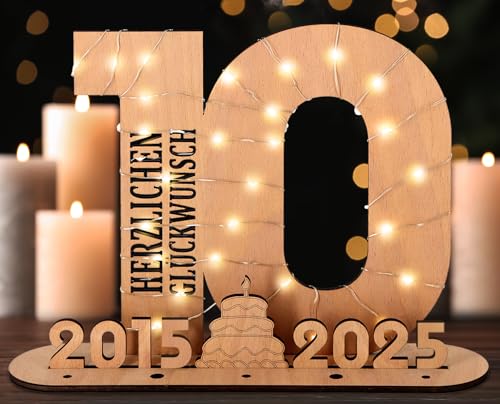 Giftota - 2025 Originelle 10 Geburtstag Geschenk Mädchen & Jungen - Geldgeschenke Geburtstag 10 mit LED Lichterkette Ständer - Holz-Schild Gästebuch - 10 Geburtstag Deko - Personalisierbares Geschenk von Giftota