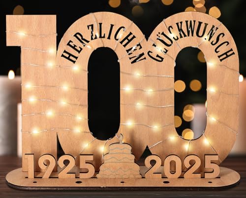 Giftota - 2025 Originelle 100 Geburtstag Geschenk Frauen & Männer - Geldgeschenke Geburtstag mit LED Lichterkette Ständer - Holz-Schild Gästebuch - 100 Geburtstag Deko - Personalisierbares Geschenk von Giftota