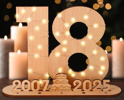 Giftota 2025 Originelle 18 Geburtstag Geschenk Frauen & Männer - Geldgeschenke Geburtstag 18 mit LED-Lichterketten - Dekorationen aus Holz - 18 Holz-Schild Gästebuch - Personalisierbares Geschenk von Giftota
