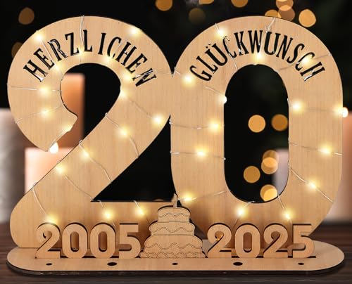 Giftota - 2025 Originelle 20 Geburtstag Geschenk Frauen & Männer - Geldgeschenke Geburtstag 20 mit LED Lichterkette Ständer - Holz-Schild Gästebuch - 20 Geburtstag Deko - Personalisierbares Geschenk von Giftota