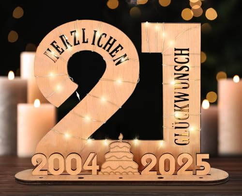 Giftota - 2025 Originelle 21 Geburtstag Geschenk Frauen & Männer - Geldgeschenke Geburtstag 21 mit LED Lichterkette Ständer - Holz-Schild Gästebuch - 21 Geburtstag Deko - Personalisierbares Geschenk von Giftota