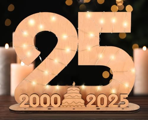 Giftota 2025 Originelle 25 Geburtstag Geschenk Frauen & Männer - Geldgeschenke Geburtstag 25 mit LED-Lichterketten - Dekorationen aus Holz - 25 Holz-Schild Gästebuch - Personalisierbares Geschenk von Giftota