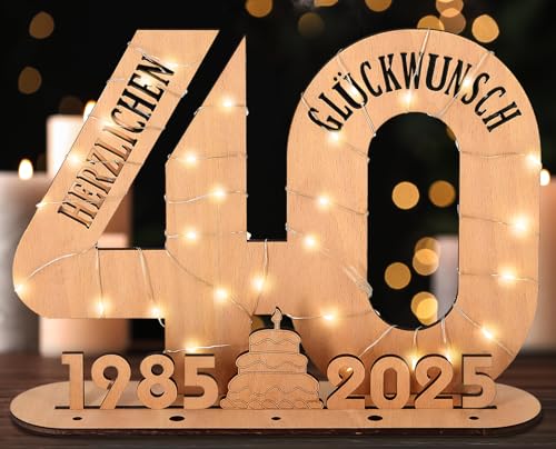 Giftota - 2025 Originelle 40 Geburtstag Geschenk Frauen & Männer - Geldgeschenke Geburtstag 40 mit LED Lichterkette Ständer - Holz-Schild Gästebuch - 40 Geburtstag Deko - Personalisierbares Geschenk von Giftota
