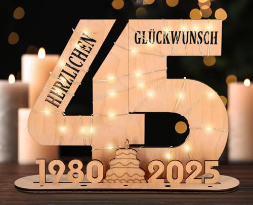 Giftota - 2025 Originelle 45 Geburtstag Geschenk Frauen & Männer - Geldgeschenke Geburtstag 45 mit LED Lichterkette Ständer - Holz-Schild Gästebuch - 45 Geburtstag Deko - Personalisierbares Geschenk von Giftota