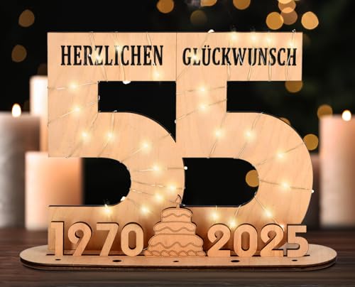 Giftota - 2025 Originelle 55 Geburtstag Geschenk Frauen & Männer - Geldgeschenke Geburtstag 55 mit LED Lichterkette Ständer - Holz-Schild Gästebuch - 55 Geburtstag Deko - Personalisierbares Geschenk von Giftota