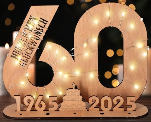 Giftota - 2025 Originelle 60 Geburtstag Geschenk Frauen & Männer - Geldgeschenke Geburtstag 60 mit LED Lichterkette Ständer - Holz-Schild Gästebuch - 60 Geburtstag Deko - Personalisierbares Geschenk von Giftota