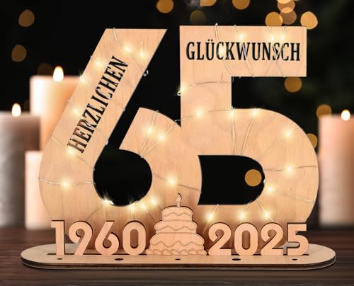 Giftota - 2025 Originelle 65 Geburtstag Geschenk Frauen & Männer - Geldgeschenke Geburtstag 65 mit LED Lichterkette Ständer - Holz-Schild Gästebuch - 65 Geburtstag Deko - Personalisierbares Geschenk von Giftota