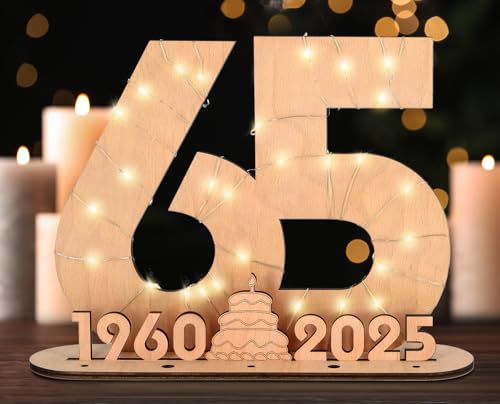 Giftota 2025 Originelle 65 Geburtstag Geschenk Frauen & Männer - Geldgeschenke Geburtstag 65 mit LED-Lichterketten - Dekorationen aus Holz - 65 Holz-Schild Gästebuch - Personalisierbares Geschenk von Giftota
