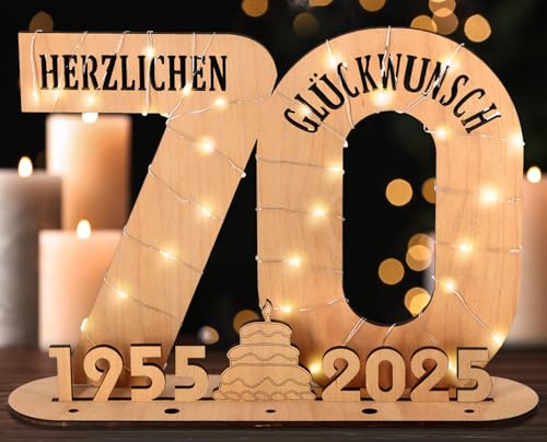 Giftota - 2025 Originelle 70 Geburtstag Geschenk Frauen & Männer - Geldgeschenke Geburtstag 70 mit LED Lichterkette Ständer - Holz-Schild Gästebuch - 70 Geburtstag Deko - Personalisierbares Geschenk von Giftota