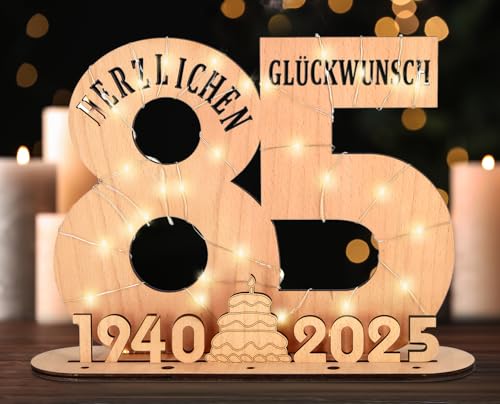 Giftota - 2025 Originelle 85 Geburtstag Geschenk Frauen & Männer - Geldgeschenke Geburtstag 85 mit LED Lichterkette Ständer - Holz-Schild Gästebuch - 85 Geburtstag Deko - Personalisierbares Geschenk von Giftota