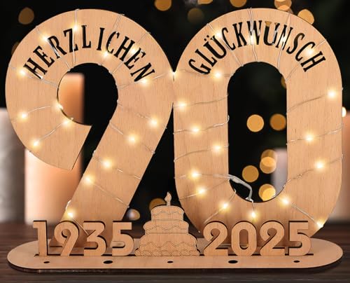 Giftota - 2025 Originelle 90 Geburtstag Geschenk Frauen & Männer - Geldgeschenke Geburtstag 90 mit LED Lichterkette Ständer - Holz-Schild Gästebuch - 90 Geburtstag Deko - Personalisierbares Geschenk von Giftota