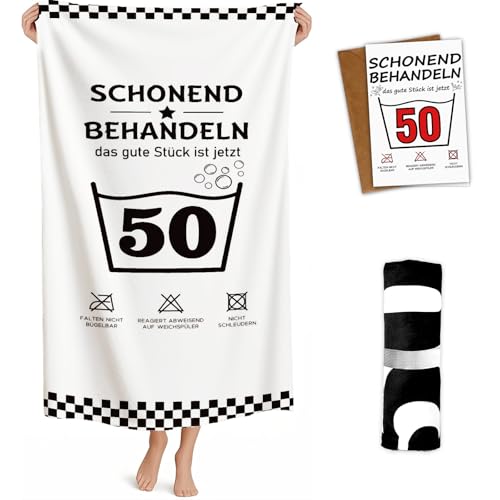 Giftota Lustige Geschenk 50 Geburtstag Mann Frau - 160 x 80 cm Mikrofaser Strandtuch & Badetuch mit Geburtstagskarte 50, Strandhandtuch Schnelltrocknend - Schonend Behandeln 50 von Giftota