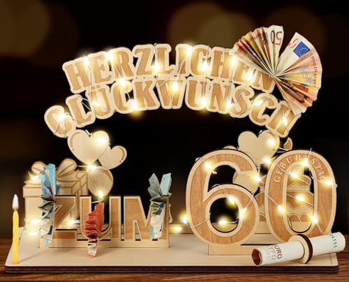 Giftota Original 60. Geburtstag Geldgeschenke Holz mit LED Lichterkette, Geschenke zum 60 Geburtstag Mann Frau, 60. Geburtstag Dekoration von Giftota