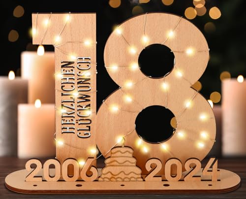 Giftota - Originelle 18 Geburtstag Geschenk Frauen & Männer - Geldgeschenke Geburtstag 18 mit LED Lichterkette Ständer - 2024 Holz-Schild Gästebuch - 18 Geburtstag Deko - Personalisierbares Geschenk von Giftota