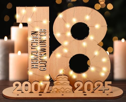 Giftota - Originelle 18 Geburtstag Geschenk Mädchen & Jungen - Geldgeschenke Geburtstag 18 mit LED Lichterkette Ständer - 2025 Holz-Schild Gästebuch - 18 Geburtstag Deko - Personalisierbares Geschenk von Giftota