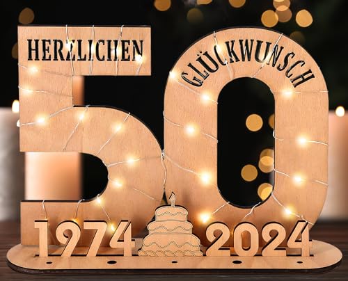 Giftota - 2024 Originelle 50 Geburtstag Geschenk Frauen & Männer - Geldgeschenke Geburtstag 50 mit LED Lichterkette Ständer - Holz-Schild Gästebuch - 50 Geburtstag Deko - Personalisierbares Geschenk von Giftota