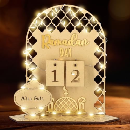 Giftota Ramadan Kalender mit LED Lichterkette, Ramadan Deko Aus Holz, Ramadan Mubarak Dekoration, Eid Mubarak Dekoration, Ramadan Kalender Kinder, Familien von Giftota
