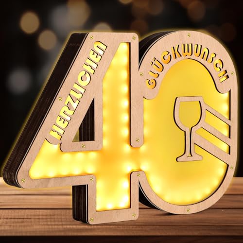 Giftota - Upgrade 2024 Originelle 40 Geburtstag Geschenk mit LED Lichterkette Frauen & Männer - Geldgeschenke Geburtstag 40 - Holz-Schild Gästebuch - 40 Geburtstag Deko - Personalisierbares Geschenk von Giftota