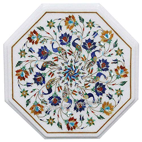 38,1 x 38,1 cm Halbedelstein-Inlay Arbeit Ecktisch Achteckform weißer Marmor Couchtisch Tischplatte von Indian Vintage Art and Crafts von Gifts And Artefacts