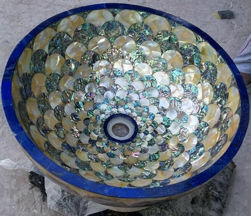 53,3 cm runde Form Marmor Handwäsche Schüssel für Hotel Dekor Abalone MOP Lapis Epoxy Kunst dekorative Spüle von Gifts And Artefacts