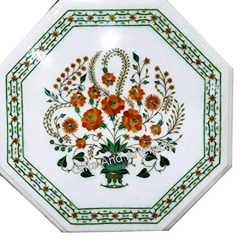 Couchtisch, 68 x 68 cm, Blumenmuster, weißer Marmor, achteckige Form, Sofa, Mitteltisch für Gartenbereich, Dekoration von Gifts And Artefacts