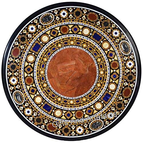 Gifts And Artefacts 121,9 x 121,9 cm runde Form schwarzer Marmor Restauranttisch Antik Design Inlay Arbeit Esstisch Tischplatte mit luxuriöser Optik von Gifts And Artefacts