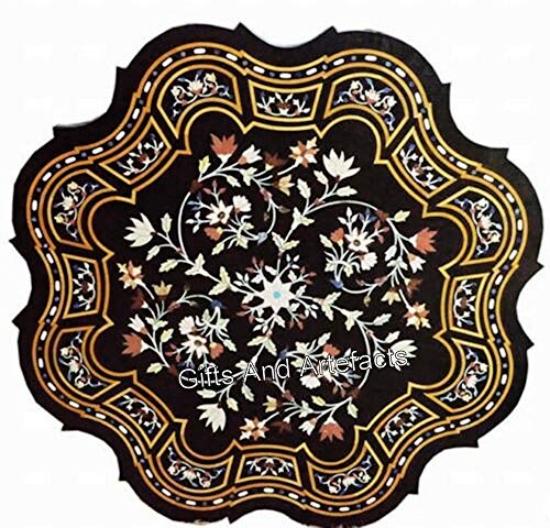 Gifts And Artefacts Indian Heritage Art Esstisch, 81,4 x 91,4 cm, schwarzer Marmor, achteckige Form, Blumendesign, Inlay, Arbeitsküchentisch von Gifts And Artefacts