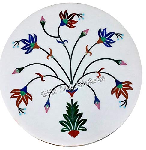 Gifts And Artefacts Pietra Dura Art Couchtischplatte für Heimdekoration, runder weißer Marmor-Bett, Beistelltisch mit eleganter Optik, 23,9 x 22,9 cm von Gifts And Artefacts