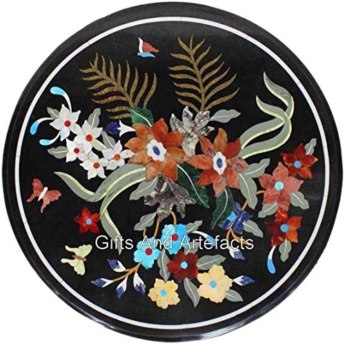 Gifts And Artefacts Pietra Dura Art Ecktischplatte für Heimdekoration, runde Form, schwarzer Marmor, Couchtisch mit eleganter Optik, 45,7 x 45,7 cm von Gifts And Artefacts