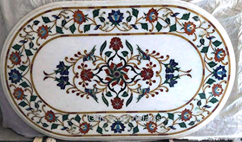 Indian Cottage Art and Crafts Couchtisch, ovale Form, weißer Marmor, 45,7 x 91,4 cm von Gifts And Artefacts