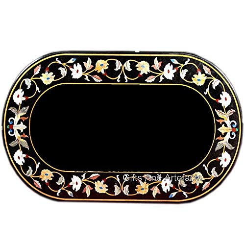 Indian VIntage Art and Crafts Esstisch, oval, Marmor, Blumenmuster, Intarsien, 91,4 x 121,9 cm, Schwarz von Gifts And Artefacts