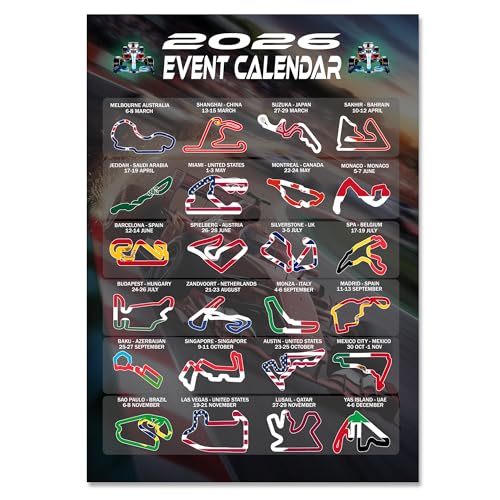 Gifts and Temptations 2026 Formula Racing Event Kalender Poster, A4 Größe 21 x 29,7 cm, Track Layouts mit Nationalflaggen, Wandkunstdruck von Gifts and Temptations