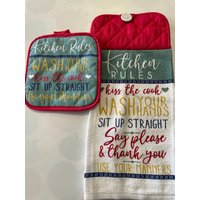 Küchenregeln Topflappen Top Hängetuch Geschirrtuch Küchenregeln Topflappen Top Hängetuch Geschirrtuch von GiftsNStitches