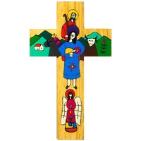 Handbemaltes Kreuz. Kreuz Heilige Familie Aus Holz. Jesus, Maria Und Der Josef. 6"(15cm in Handarbeit Von Einer Kooperative El Salvador Hergestellt von GiftsofDevotion