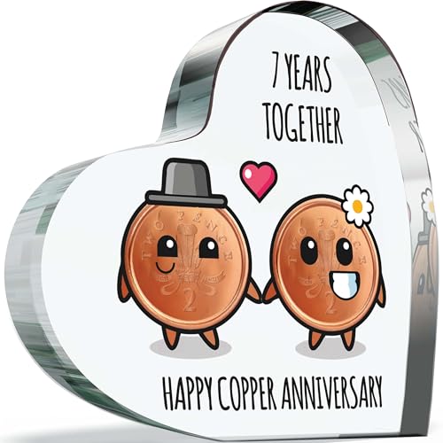 Schild zum 7. Hochzeitstag, Geschenk für Ehefrau, Ehemann – Happy Copper Anniversary – "I Love You", romantisches Acryl-Herz, Geschenk für Frauen und Männer, 100 mm x 100 mm, Geschenk für Paare zum von Giftzie